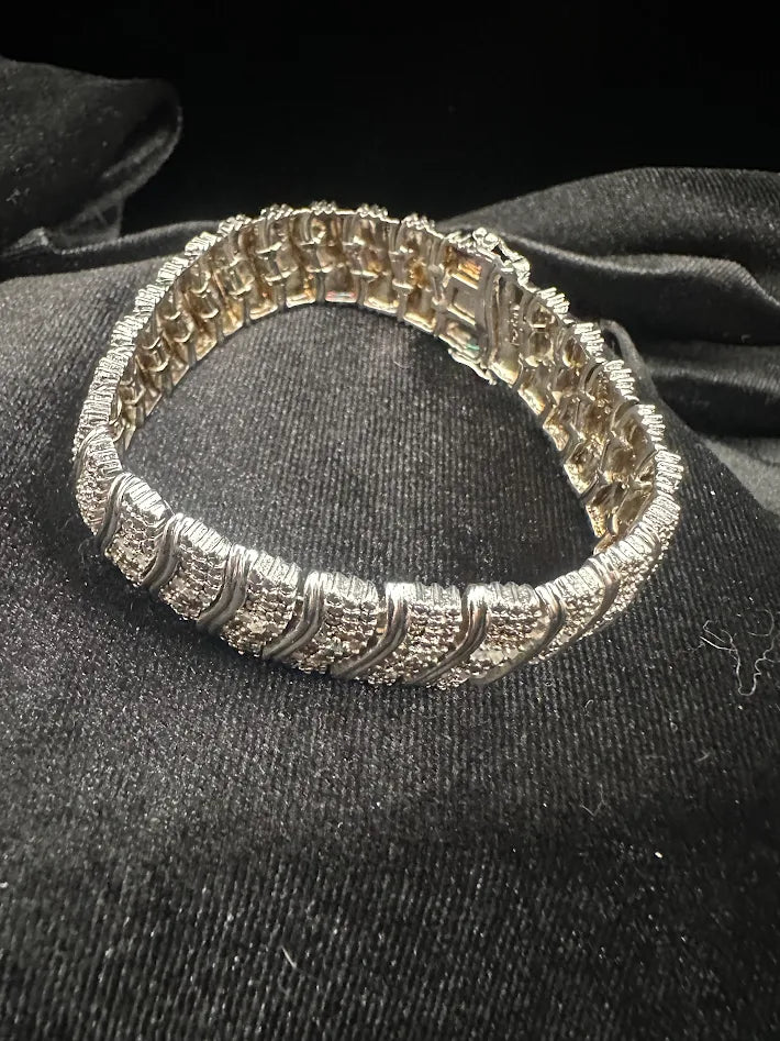 CU Signed Silver Tone Pavé CZ Bracelet Wide Statement Diamond-Like Tennis Bracelet 38.1g