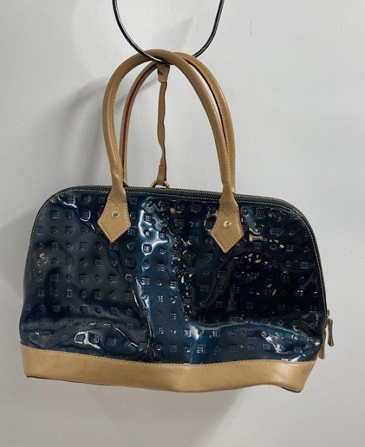 (SOLD) Arcadia Italian Patent Leather Satchel, Blue Embossed Dome Bag with Tan Trim