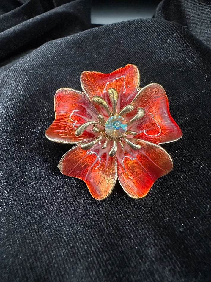 Large Red Enamel Flower Brooch Aurora Borealis Crystal Center Gold Tone Floral Pin Statement