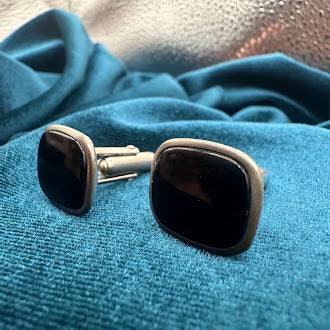 Vintage silver tone square tie tack set with black enamel minimalist design and chain back