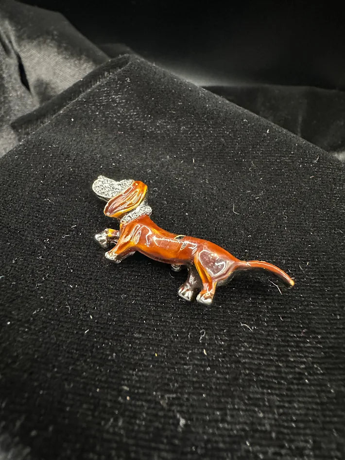 Brown enamel dachshund brooch with clear crystal ear and collar accents