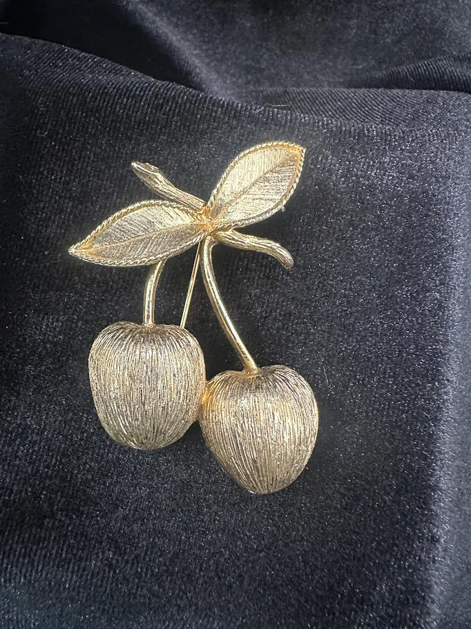 SARAH COVENTRY Gold Tone Cherry Brooch with Textured Fruit and Leaf Detail