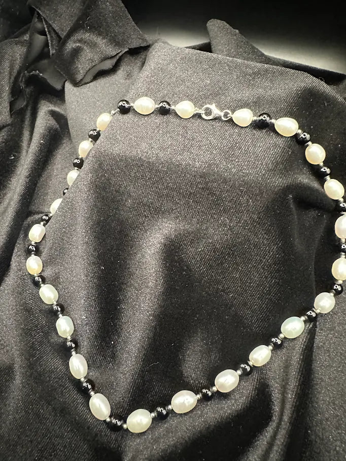 Cream Pearl Style and Black Bead Necklace with Silver Tone Clasp