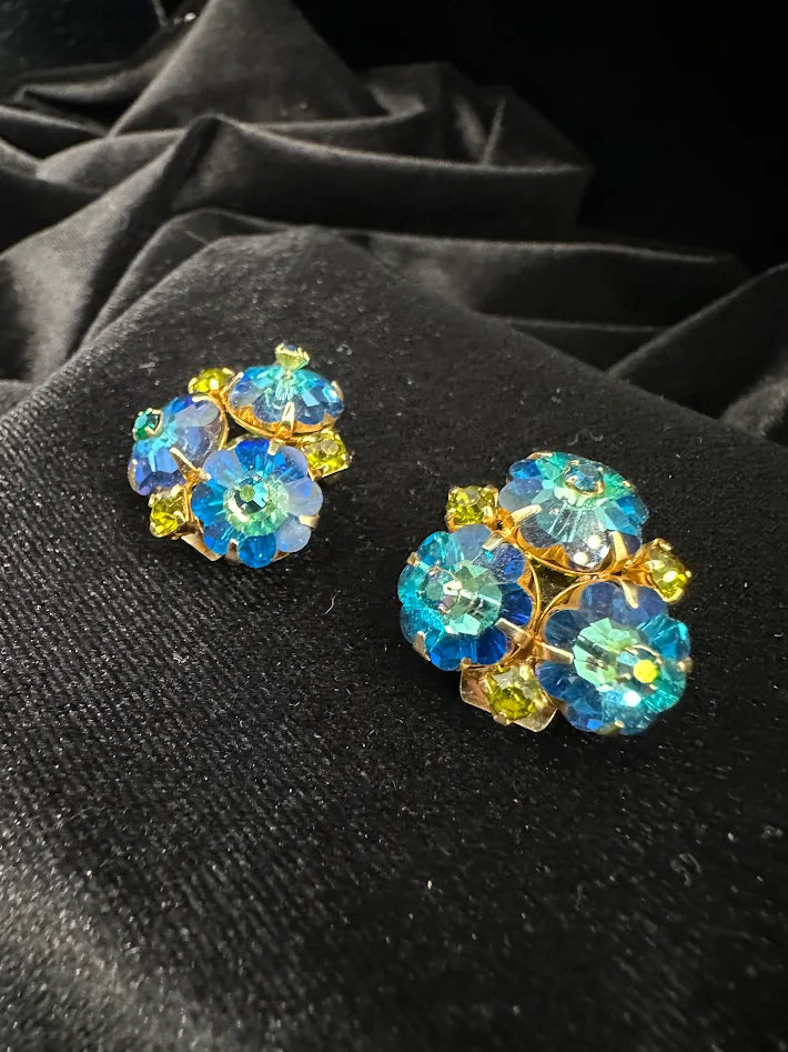 Gold Tone Blue Aurora Borealis Crystal Cluster Clip Earrings Floral Rhinestone Vintage Statement Jewelry