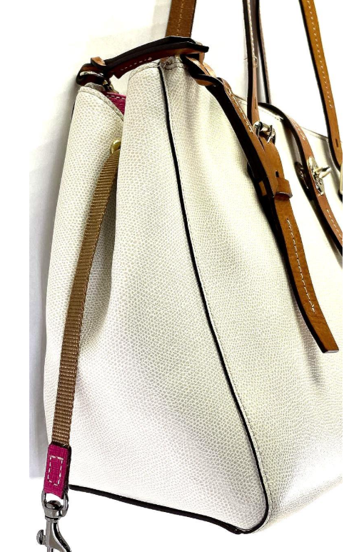 Dooney & Bourke White Pebbled Leather Tote – Tan Trim Shoulder Bag w/ Colorful Chevron Interior