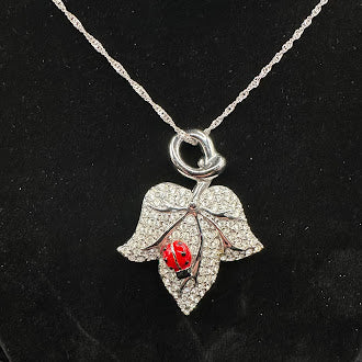 Swarovski 925 Sterling Silver Crystal Leaf Pendant Necklace Ladybug Charm Pavé