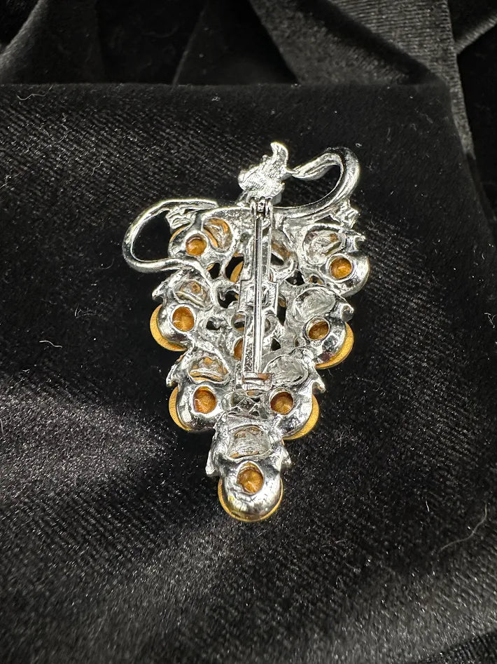 Vintage Blue Crystal Grape Cluster Brooch Silver Tone Aurora Borealis Rhinestone Statement Pin Large Dimensional Fruit Jewelry