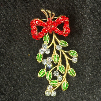 Christmas Mistletoe Brooch with Red Rhinestone Bow