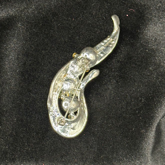 Gold Tone Paisley Scroll Brooch Black Faux Pearls Pave Rhinestone Vintage Pin