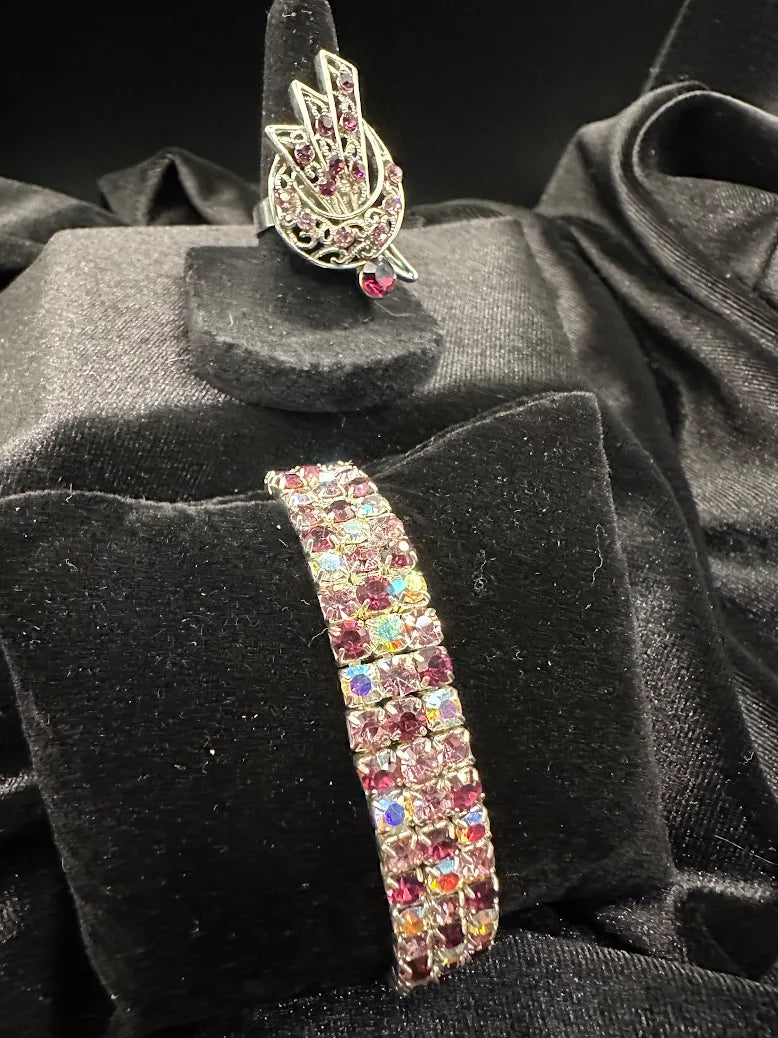 Vintage Pink Rhinestone Bracelet & Ring Set – Wide Art Deco Style Crystal Expansion Bracelet Size 7 Statement Ring