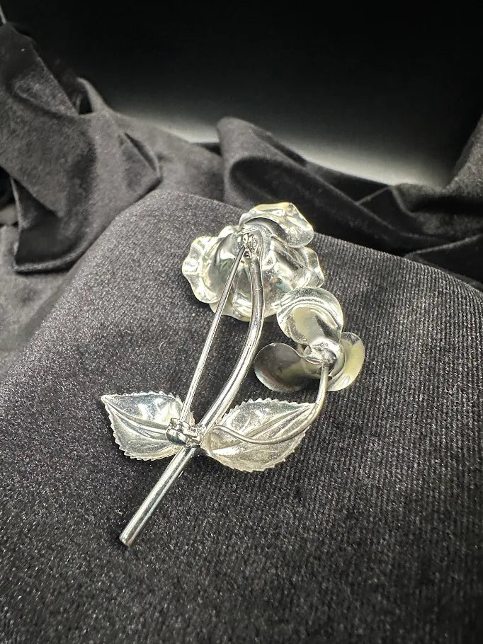 Silver Tone Rose Brooch | Vintage Dimensional Floral Stem Pin