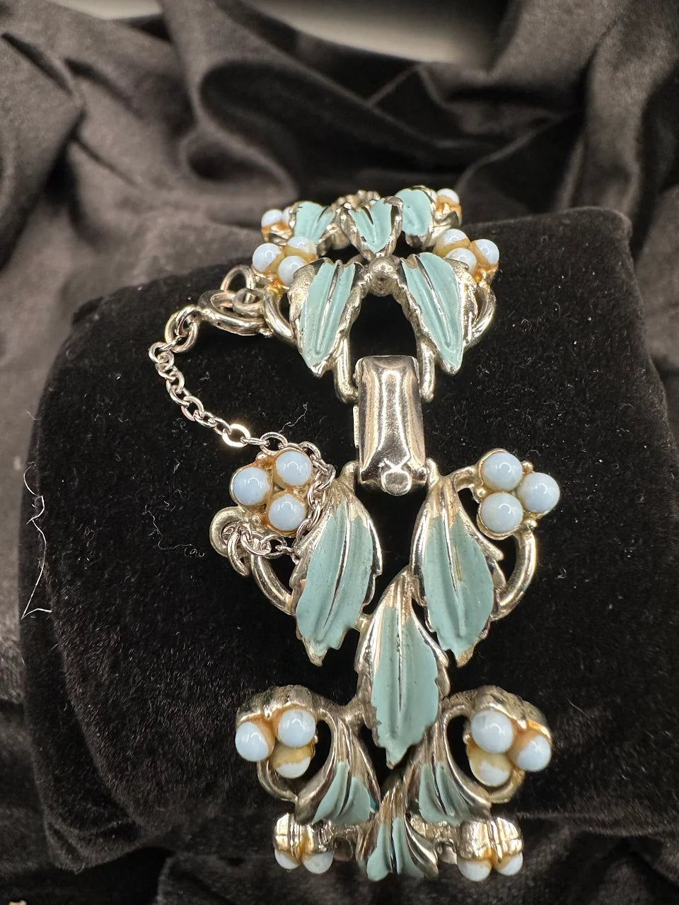 Vintage Silver Tone Blue Leaf Bracelet with Floral Bead Accents and Botanical Openwork Design