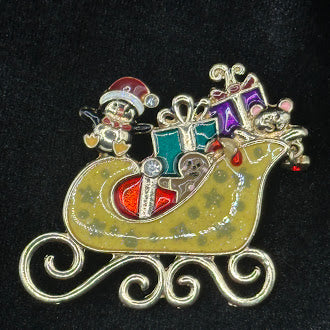 Santa Sleigh Christmas Brooch with Gifts and Enamel