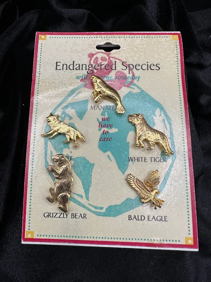 Endangered Species Animal Pin Set Gold Tone Vintage Brooch Collection On Original Card
