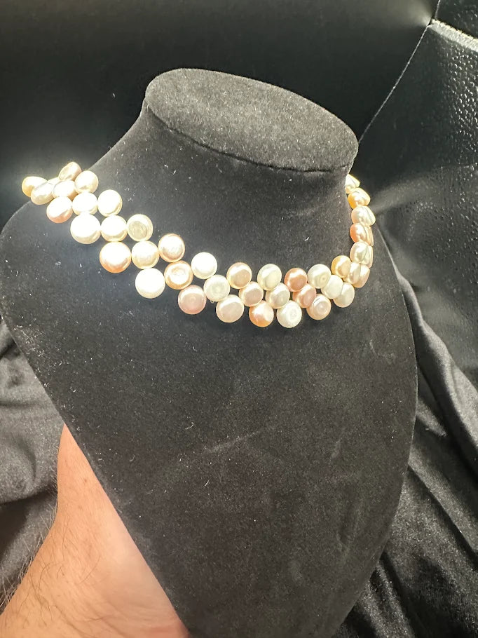 Ivory Blush Coin Pearl Style Multi Strand Collar Necklace
