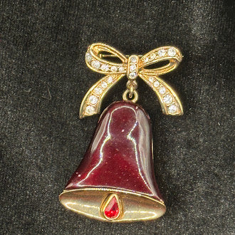 Liz Claiborne Christmas Bell Brooch Red Enamel Holiday Pin Gold Tone Bow with Rhinestones Vintage