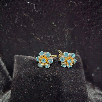 Vintage BSK Gold Tone Blue Rhinestone Bracelet and Clip Earrings Set | Floral Filigree Jewelry