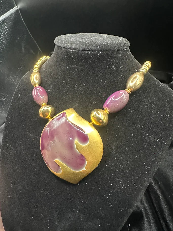 Gold tone purple enamel pendant statement necklace