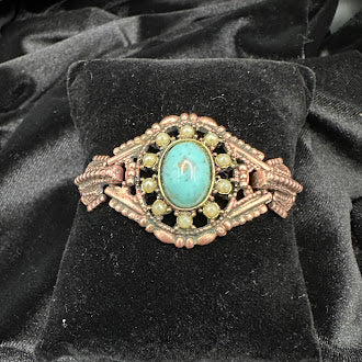Goldette Victorian Revival Bracelet Turquoise Cabochon & Pearl Ornate Vintage Link Bracelet