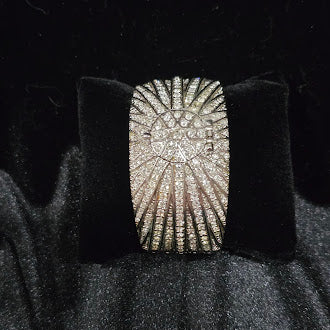 Vintage Victoria Wieck Silvertone Crystal Hidden Quartz Watch Cuff Bracelet with Pavé Sunburst Design, Glam Estate Statement Timepiece (NOT WORKING/PARTS OR REPAIR ONLY)