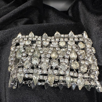 Large Crystal Statement Cuff Bracelet Silver Tone Multi Rhinestone Wide Bracelet Heavy Couture Style Glam Jewelry