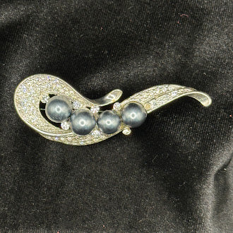 Gold Tone Paisley Scroll Brooch Black Faux Pearls Pave Rhinestone Vintage Pin