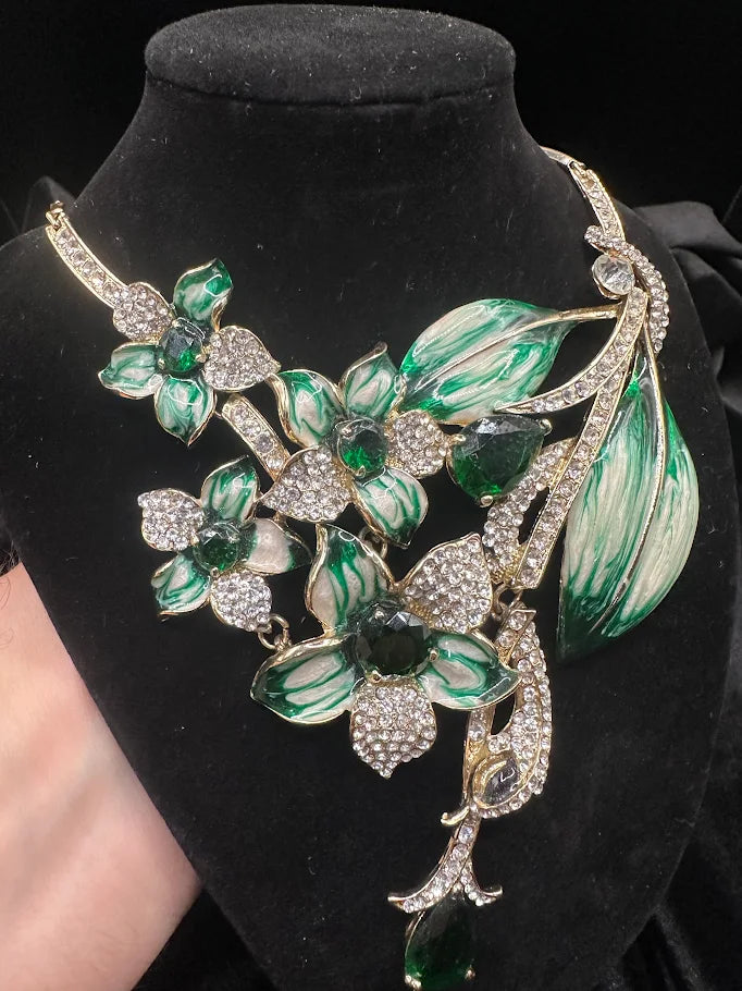 Green Enamel Floral Crystal Statement Necklace