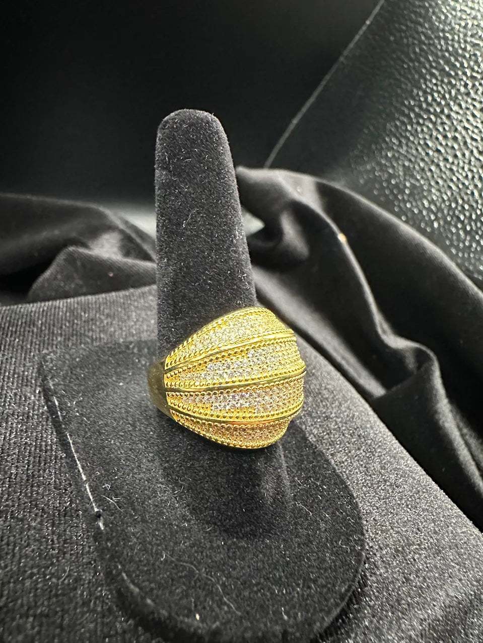 Gold Tone Dome Statement Ring with Crystal Stripe Detail