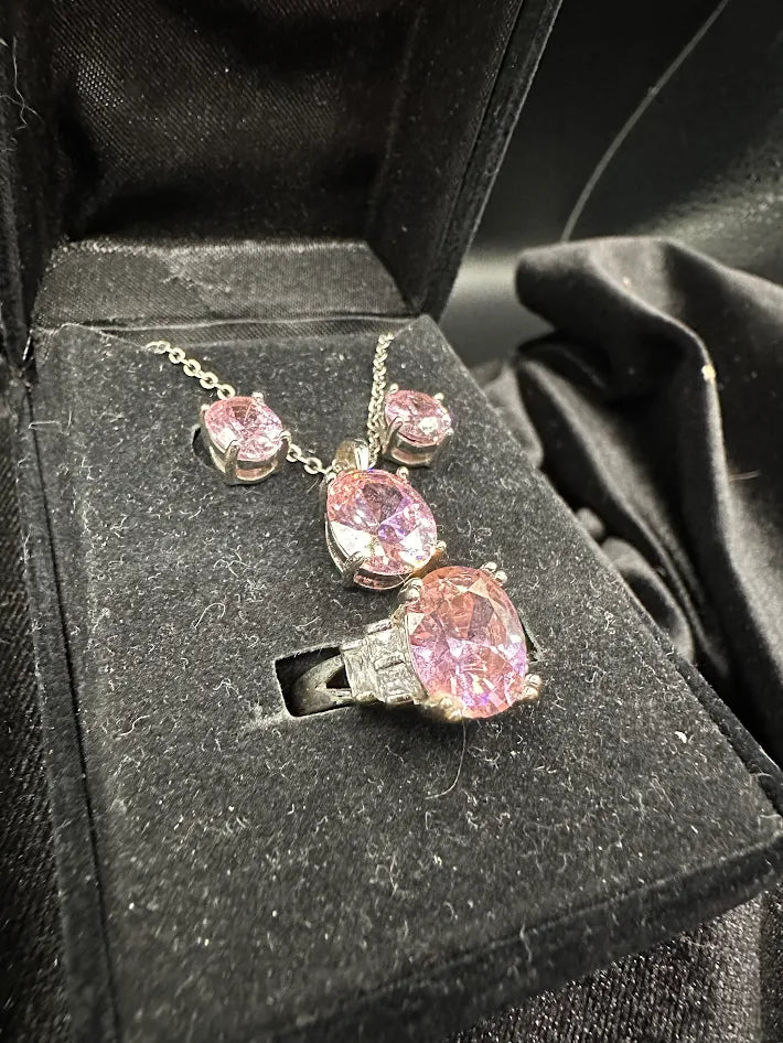 Silver Tone Pink Crystal Necklace and Ring Set With Original Box