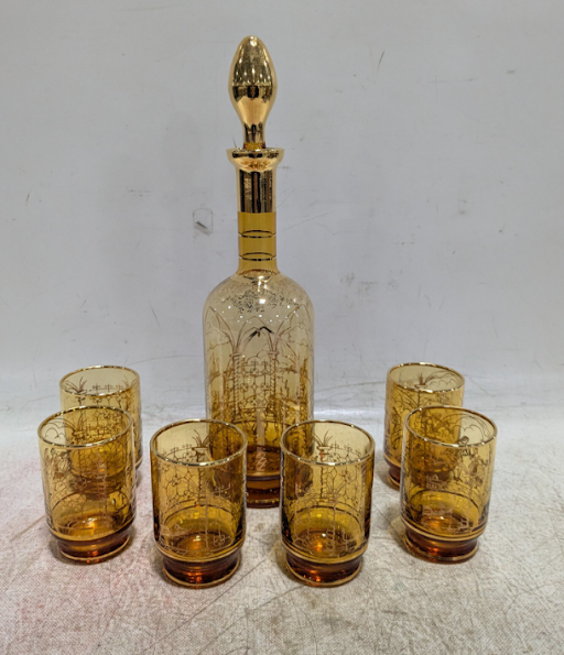 Amber Glass Decanter Set with Gold Trim and Etched Design, 6-Piece Vintage Whiskey Set with Glasses