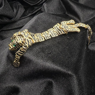 Gold Tone Articulated Tiger Brooch Green Eye Detail Jointed Design