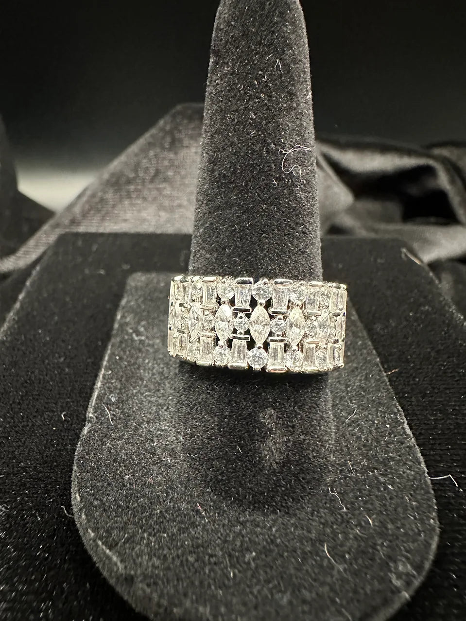 Silver Tone Clear Crystal Wide Band Ring Statement Multi Row Cocktail Design