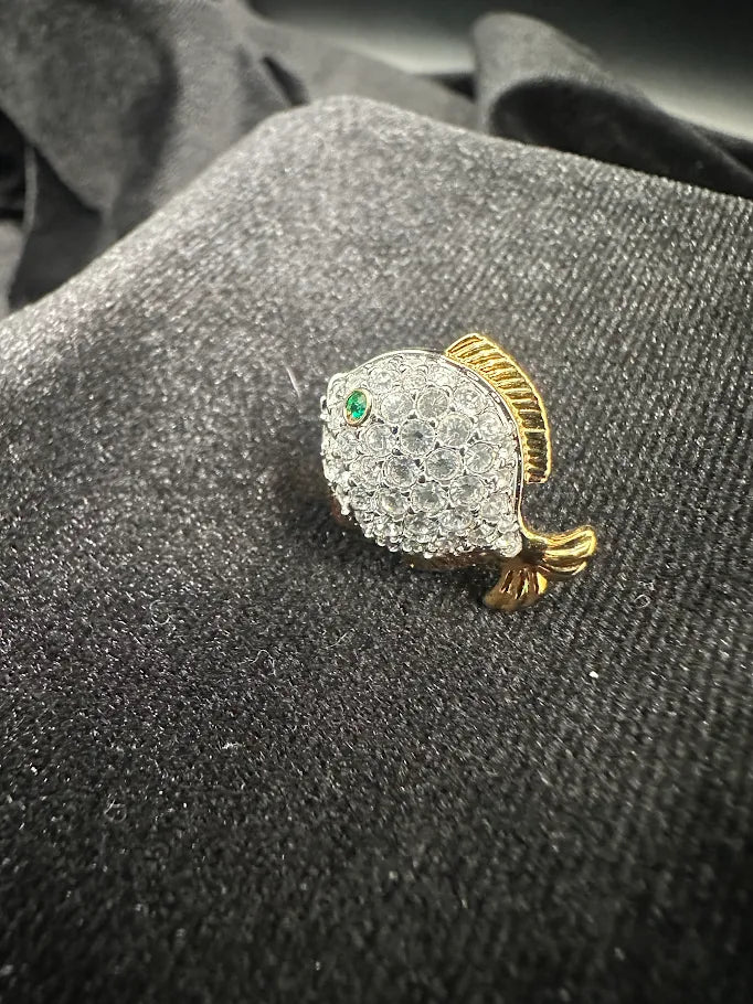 Swarovski Gold Tone Crystal Fish Lapel Pin | Signed Designer Nautical Pin