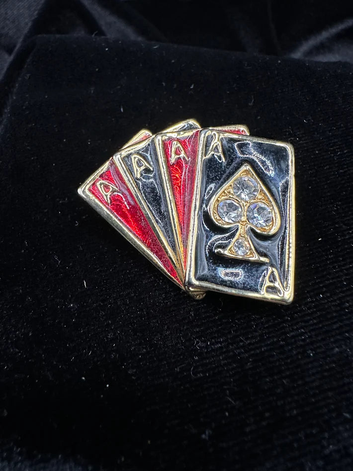 Gold tone enamel playing card brooch with clear rhinestones