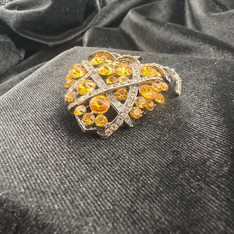 Silver Tone Orange Rhinestone Strawberry Brooch Crystal Leaf Fruit Pin
