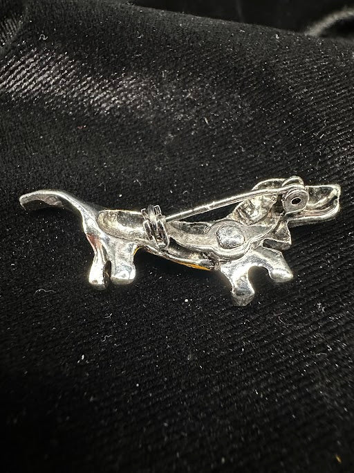 Brown enamel dachshund brooch with clear crystal ear and collar accents