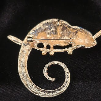 Multicolor Rhinestone Chameleon Brooch with Curled Tail on Branch, Gold Tone Crystal Lizard Statement Pin