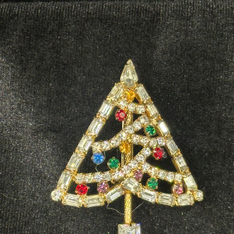 Unsigned Vintage Rhinestone Christmas Tree Brooch Multicolor Holiday Pin Gold Tone Openwork Tree with Crystal Drop