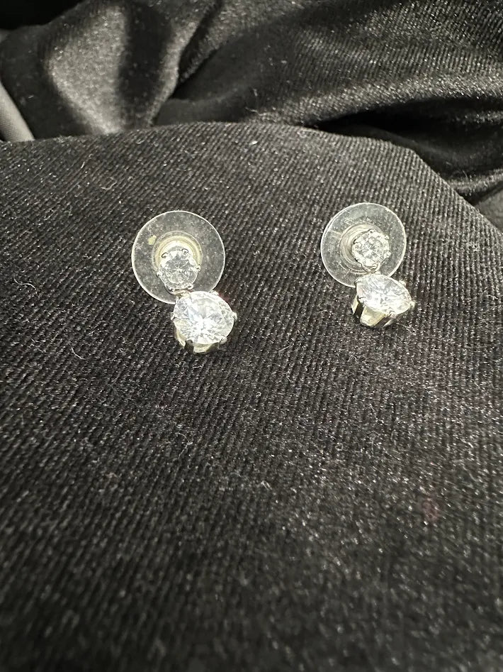 Silver Tone Clear Crystal Drop Stud Earrings Double Round Design Minimalist Dangle Earrings Classic Everyday Jewelry