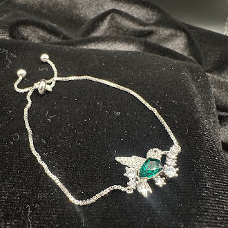 S925 Sterling Silver Green Crystal Bird Bracelet Adjustable Slider Chain Design