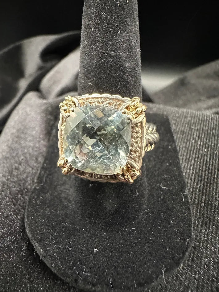 925 Sterling Silver Blue Topaz Ring Cushion Cut Statement Ring Marcasite Accent Size 7