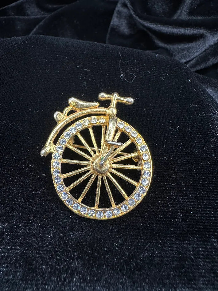 Gold Tone Rhinestone Bicycle Brooch Crystal Bike Pin Cycling Jewelry Vintage Style Novelty Statement Brooch Gift Idea