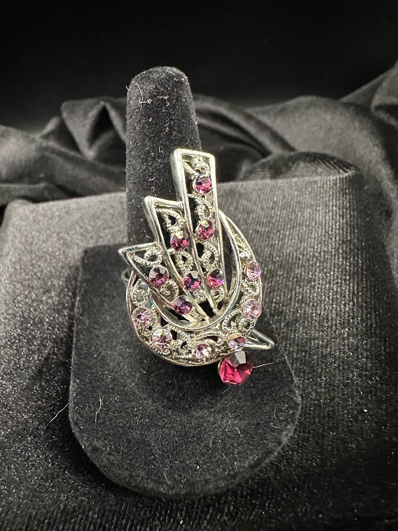 Vintage Pink Rhinestone Bracelet & Ring Set – Wide Art Deco Style Crystal Expansion Bracelet Size 7 Statement Ring