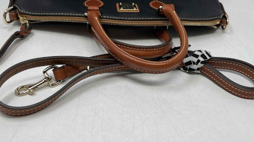 Dooney & Bourke Pebbled Leather Satchel Black Brown Trim Designer Shoulder Handbag