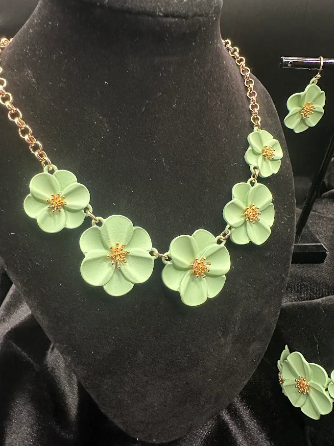 Mint Green Flower Necklace Earrings and Bracelet Set