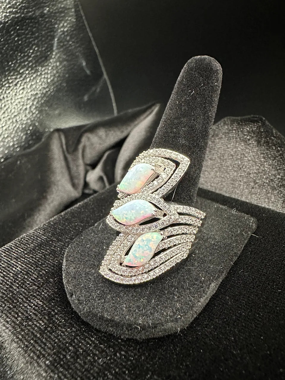 Silver Tone Opal Marquise Wrap Ring Statement Cocktail Design