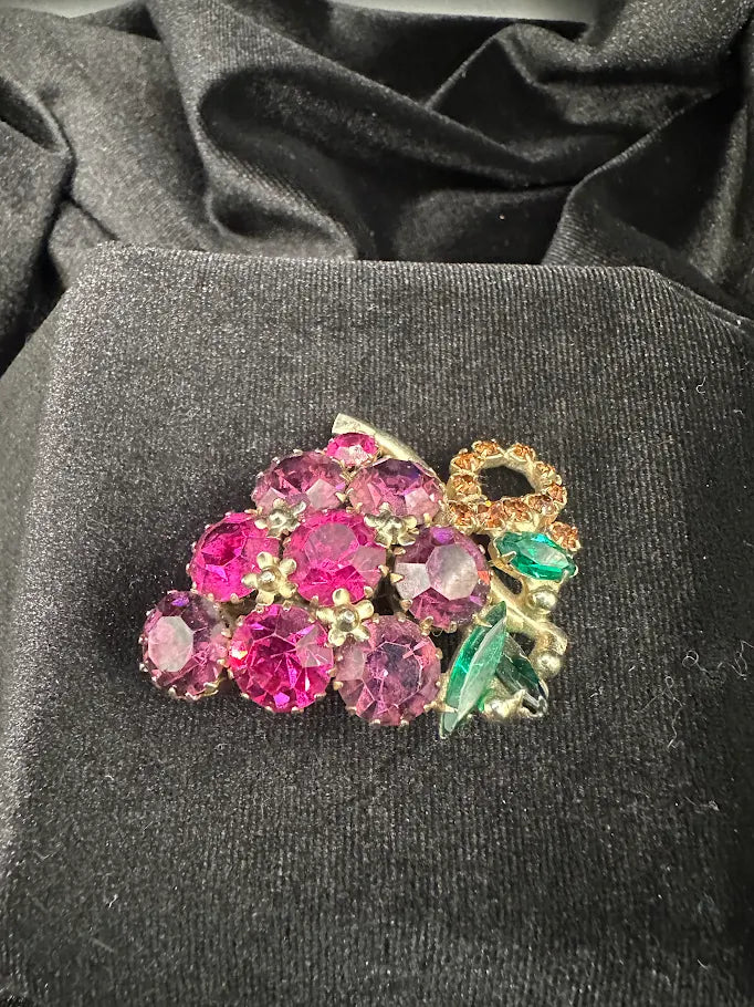 Vintage Gold Tone Rhinestone Grape Cluster Brooch | Pink Green Crystal Fruit Pin