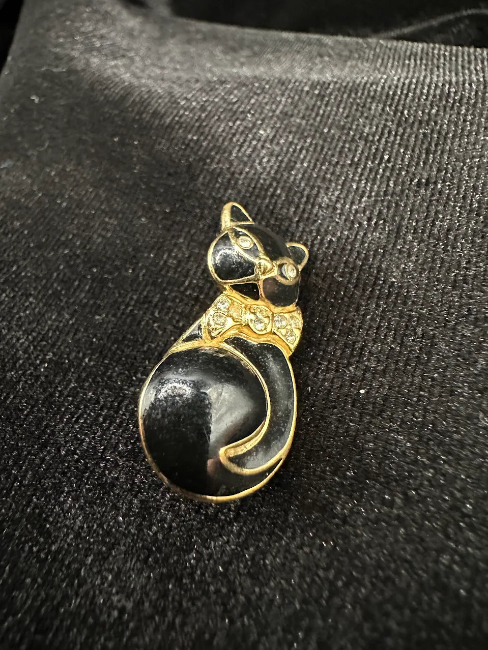Trifari Gold Tone Black Cat Brooch with Crystal Accents