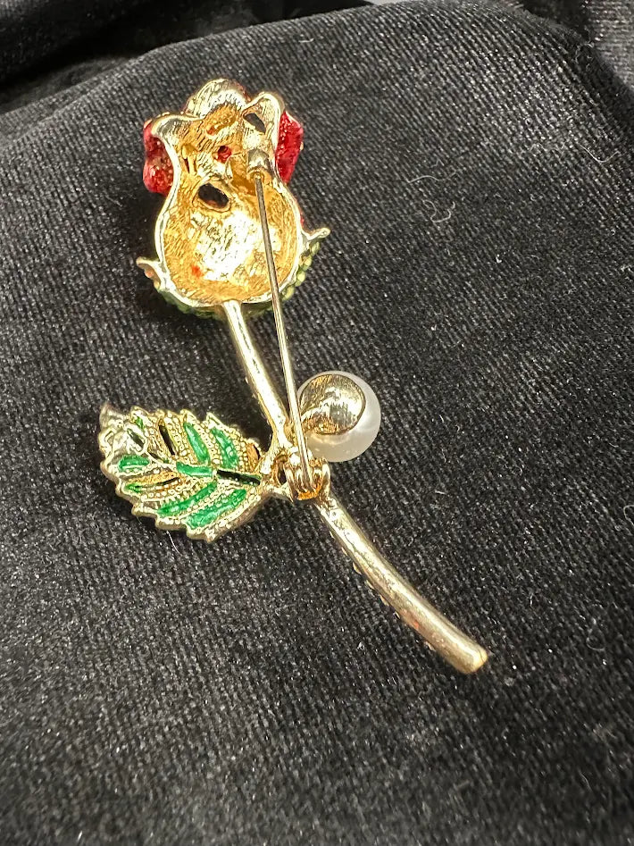 Red Rose Brooch Rhinestone Crystal Flower Pin Faux Pearl Stem Green Leaf Statement