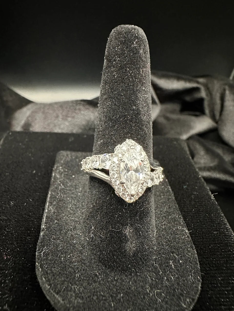 Silver Tone Clear Crystal Marquise Halo Ring Statement Bridal Inspired Design
